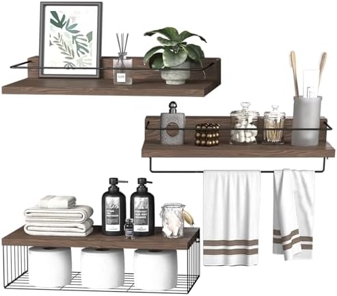 PopiShelves 22.5 inches Bathroom Shelves Over Toilet for Wall, Floating Shelves with Storage Basket Paper Holer for Kitchen Living Room, Bedroom & Classroom, Set of 3 (Dark Brown) by Unknown