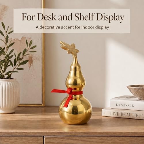 I-MART 6 Inch Brass Wu Lou Hu Lu Calabash Gourd Chinese Feng Shui Decor, Engraved Bagua Base with Yin Yang, Oriental Good Luck Tabletop Decoration for Home Office Desk - Image 3