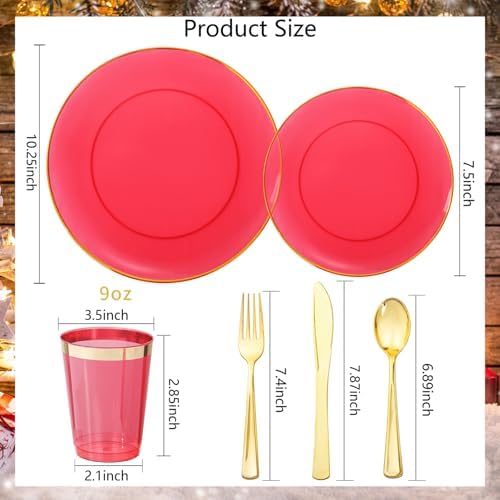 LIYH 180 Pcs Clear Red Plastic Plates Disposable - Red Dinnerware Set, Include Red and Gold Plates, Dinner Plate, Dessert Plate, Gold Plastic Silverware for Birthday Party - Image 3