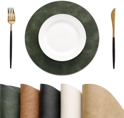 MOSAYT Vinyl Faux Leather Round Placemats Set of 8, 13 Inch, Olive Green by MOSAYT