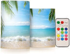 ALAZA Summer Beach with Green Coconut Trees Flickering Flameless Candles Battery Operated with Remote Timer,Tea Light Candles LED Pillar Votive Candles Set of 2 for Outdoor Indoor Decorations by ALAZA