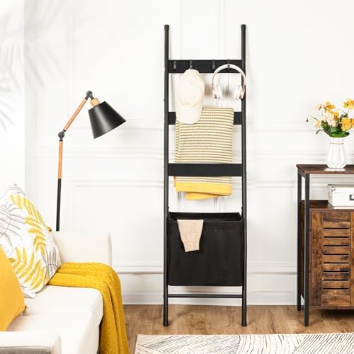 HOOBRO Blanket Ladder with Basket, 17.3”L x 63.4”H, Towel Rack with Hooks, Blanket Holder Rack, Decorative Ladder Shelf, Drying and Display Rack for Bathroom, Living Room, Black BB31CJ01 - Image 4