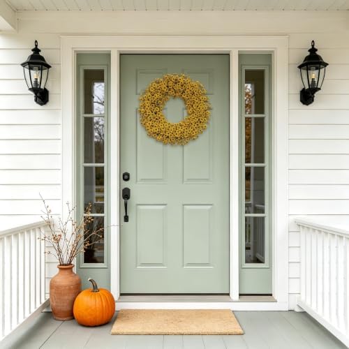 24" Yellow Fall Wreath for Front Door, Artificial Mums Autumn Wreath - Image 5