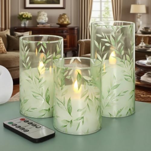 Green Flameless Candles with Remote Control - Willow Leaf Design Battery Operated Candles - Elegant Home Christmas Spring Summer Decor Set of 3 - Image 5