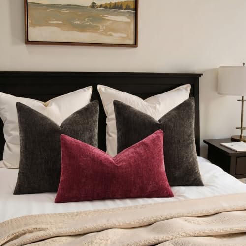 decorUhome Fall Chenille Dark Brown Throw Pillow Covers 26x26 Inch Set of 2, Decorative Soft Couch Pillow Covers Solid Dyed Accent Euro Sham Farmhouse Neutral Square Pillow Cases for Sofa - Image 5
