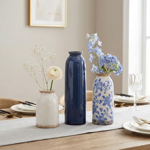 Vintage Ceramic Vase Set of 3, Blue and White Small Flower Vase Chinoiserie Rustic Modern Farmhouse Centerpiece Decorative Vases for Table Entryway Bookshelf Living Room Kitchen Home Decor - Image 5