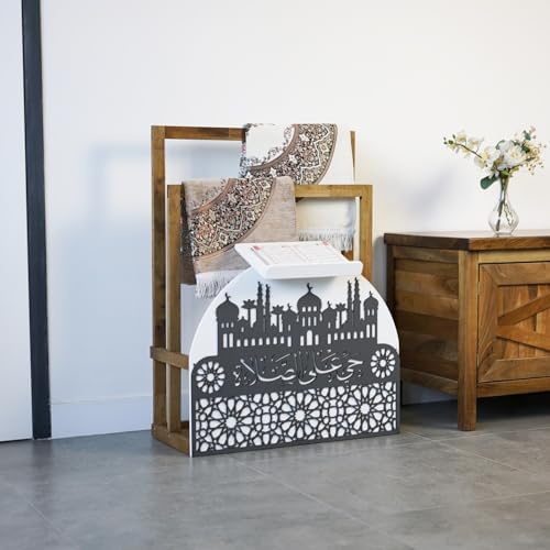 Elegant Wooden Quran Stand & Prayer Mat Holder – Islamic Home Décor, Prayer Rug Organizer, Ramadan & Eid Gift, Decorative Wooden Islamic Accessories, Quran Display Holder for Mosque Home White-Silver by iwaconcept
