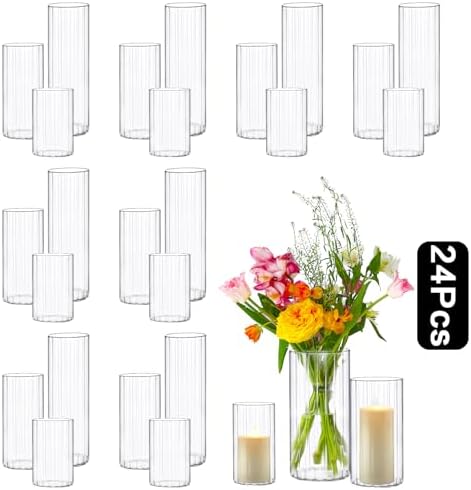 PHOSPHOR 24 Pcs Hurricane Candle Holders for Pillar Candle 6'', 8'', 10'' Tall Glass Cylinder Centerpieces Vases Floral - Image 2