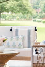 Hofdeco Premium Coastal Patio Indoor Outdoor Throw Pillow Cover Only, 20"x20" Water Repellent for Backyard, Couch, Baby Blue Embroidered Stripes with Tassels - Image 2