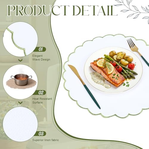 Set of 24 White Cotton Placemats 15" Round Scalloped Green - Image 3