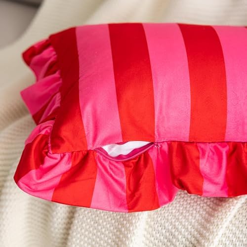 vctops Ruffle Square Throw Pillow Covers Boho Pink and Red Striped Decorative Pillowcases Set of 2, Soft Velvet Accent Cushion Cover Cases for Sofa Bed Living Room Decor (Pink,20"x20") - Image 3