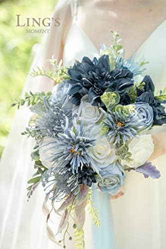 Ling's moment Artificial Wedding Flowers Combo, Dusty Blue & Navy, Grand - Image 6
