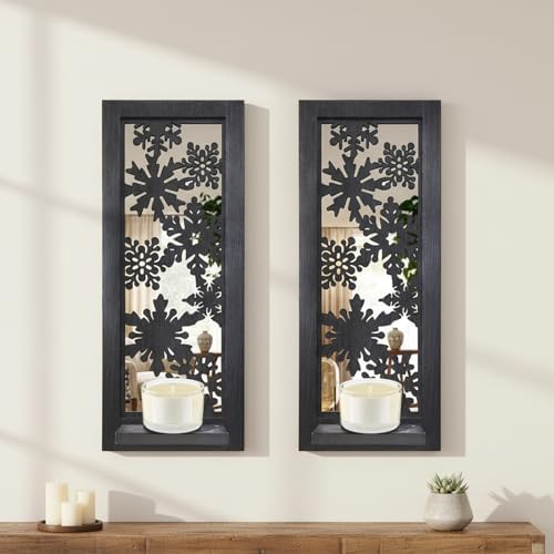 ZEXUIRU 2 Set Rustic Candle Sconces Living Room Bedroom Entryway Wood Mirrored, Farmhouse, Carved Frame Wall-Mount Wooden Candle Holders Wall Decor Hanging Handmade Holder - Black - Image 6
