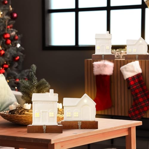 2 Pcs House Stocking Holder Christmas Stocking Holders for Mantle White House Stocking Holder LED Light up Stocking 3D Ceramic House Stocking Hanger Decorative Fireplace Mantle Stockings Hook - Image 4