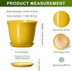 12 Inch Plant Pot - Ceramic Plant Pots with Drainage Hole and Saucer, Large Round Planter for Indoor Outdoor, Modern Flower Pot, Decorative Planters, Home Garden Decor, Garden Gifts, Yellow - Image 2