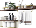 PopiShelves Bathroom Shelves Over Toilet for Wall, Floating Shelves with Storage Basket Paper Holer for Kitchen Living Room, Bedroom & Classroom, Set of 3 (Brown and Gold) by Unknown