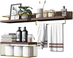 PopiShelves Bathroom Shelves Over Toilet for Wall, Floating Shelves with Storage Basket Paper Holer for Kitchen Living Room, Bedroom & Classroom, Set of 3 (Brown and Gold) by Unknown