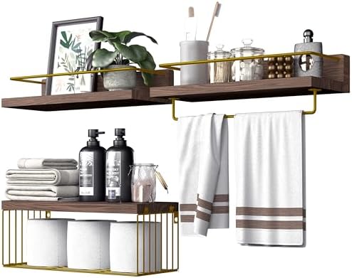 PopiShelves Bathroom Shelves Over Toilet for Wall, Floating Shelves with Storage Basket Paper Holer for Kitchen Living Room, Bedroom & Classroom, Set of 3 (Brown and Gold) by Unknown