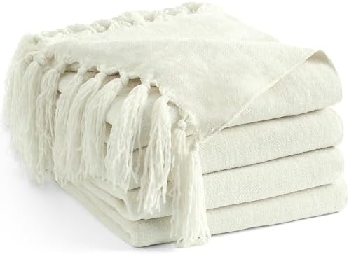 Chenille Throw Blanket for Couch 50" x 60", Ivory White by LONGCREATE