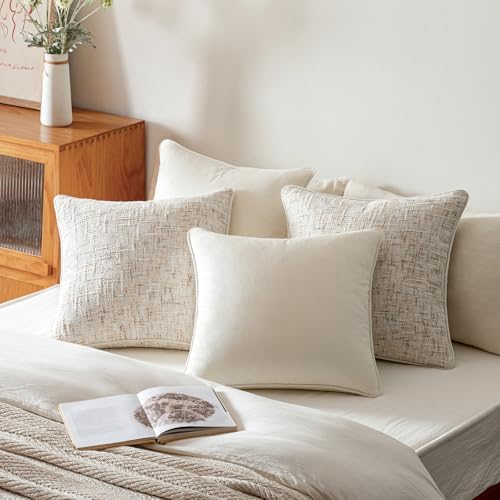 a moment Beige 4 Pack Throw Pillow Covers - Chenille & Velvet Set with Piping, Farmhouse Textured Design Pillow Cases for Couch Sofa Bed Livingroom (22x22 Inch, No Insert) - Image 5