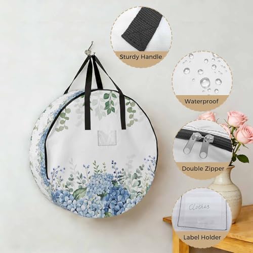 36 Inch Round Storage Bag 2 Pack,Green Eucalyptus Leaf Blue Hydrangea Waterproof Wreath Storage Container with Handles&Zipper Blossom Floral Closet Organizer Bags Garland Box - Image 5