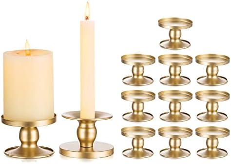 Romadedi 2-in-1 Gold Metal Pillar and Taper Candle Holders, Set of 12 by ROMADEDI