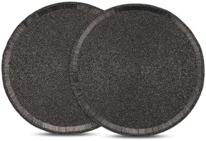 Handmade Beaded Placemat Charger, 13 Inch Round, Set of 2, Beautiful Decorative Dining Table Placemat for Your Dinner Table Décor, Christmas Decoration, New Year - Gunmetal by HomebiaDesigns
