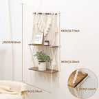 2-Tier Macrame Wall Hanging Shelf & Boho Decor, Wooden Floating Shelves - Image 2