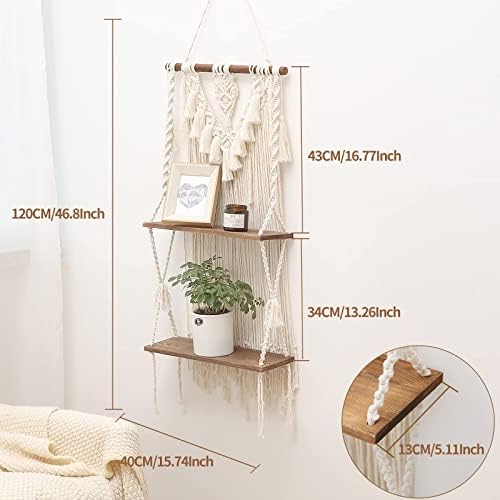 2-Tier Macrame Wall Hanging Shelf & Boho Decor, Wooden Floating Shelves - Image 2