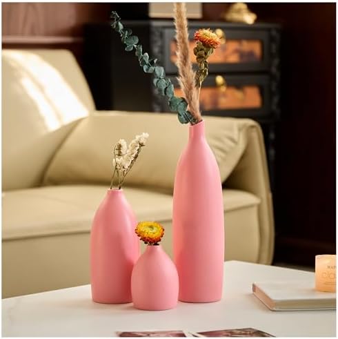 Matte Pink Vase Set of 3 - Modern Boho Aesthetic Bud Ceramic Vases Home Decor - Centerpieces Decor for Dining Table Living Room Coffee Table Bookshelf Mantle Entrance Console Decorations (Pink) by Mdaolv