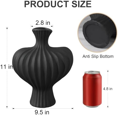 Ceramic Flower Vase Home Decor, 11 in Farmhouse Table Vases Rustic Vintage Living Room Kitchen Bedroom Decorations Pottery Decorative Vases for Flowers House Shelf Coffee Desk Dining Fireplace, Black - Image 5