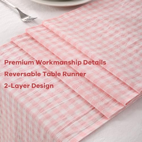 Peachy Blush White Plaid Gingham Ruffle Table Runner Cabinet Cover 13"x108" - Image 5
