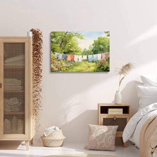 Vintage Laundry Room Wall Art,Laundry Line Oil Painting,Clothesline Laundry Room Decor,Laundry Clothesline Print,Clothes Hanging on Clothesline Picture,Rustic Farmhouse Decor20x30inch Framed Art - Image 2