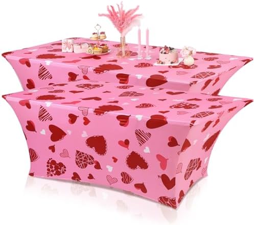 Oudain 2 Pcs Valentine's Day Table Cover Stretch Tablecloth 6 ft Pink Heart Tablecloth by Oudain