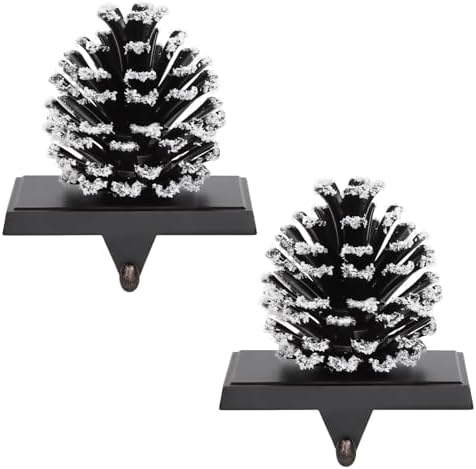 Hxezoc 2 Pack Pine Cone Christmas Stocking Holder with Snowflake, 3D Brown Metal Mantel Stocking Hangers for Christmas Fireplace Mantel Decorations Christmas Holiday Supplies by Hxezoc