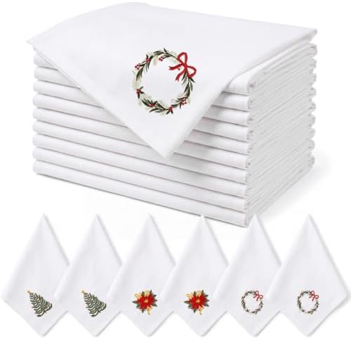 Christmas Cloth Napkins Linen Dinner Napkin, Set of 24, White by Ferrochef
