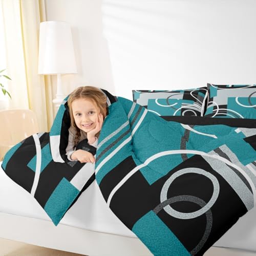 Modern Turquoise Decor Comforter Full Geometric Circles Gird Bedding Set For Boys Girls Kids Teens Adult Black Grey Down Comforter Stripe Swirls Duvet Set Modern Graphic Texture Quilted Comforter - Image 6