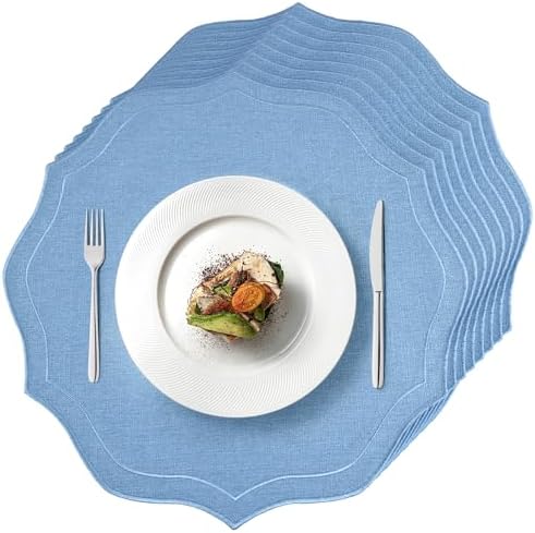 Set of 8 Cotton Linen Placemats, 15x15 Round Scalloped Cloth Table Mats, Embroidery Machine Washable, Wrinkle Resistance Fabric Place Mats for Wedding Summer Baby Shower Party Table Decor-Blue by CMINAUS