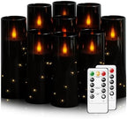 Nimiko Flickering Flameless LED Candles, 9 Pcs with Embedded Star String, Acrylic LED Pillar Candles with Remote, Suitable for Home Decoration (Black) by Nimiko