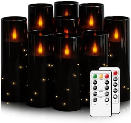 Nimiko Flickering Flameless LED Candles, 9 Pcs with Embedded Star String, Acrylic LED Pillar Candles with Remote, Suitable for Home Decoration (Black) by Nimiko