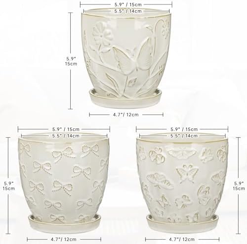 Hollyone Set of 3 White Ceramic Planter 6 Inch Flower Plant Pot with Drainage Hole and Saucer for Plants Embossed Indoor Outdoor Garden Embossed Ceramic Glazed Round Pot for Succulent Orchid - Image 2