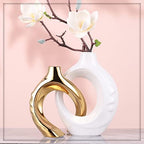 White and Gold Ceramic Vase Set of 2, Modern Donut Vases for Home Decor - Image 2