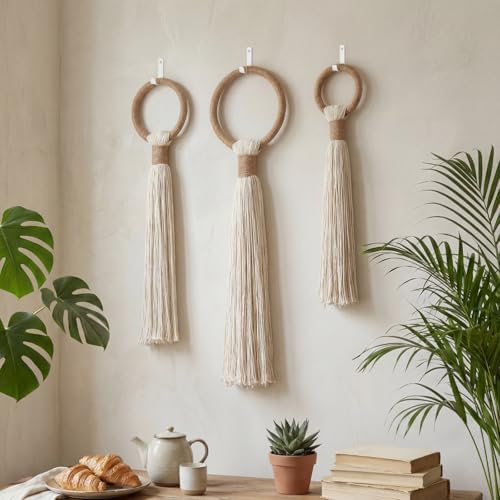 Tegeme 3 pcs Macrame Wall Hanging decor, Ring Tassel, Beige, Wire - Image 6