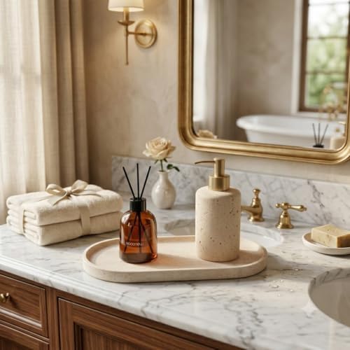 Travertine Bathroom Vanity Tray, 12"x6" Decorative Marble Tray for Kitchen Countertop, Elegant Stone Catchall Organizer for Perfume, Jewelry and Soap - Image 2