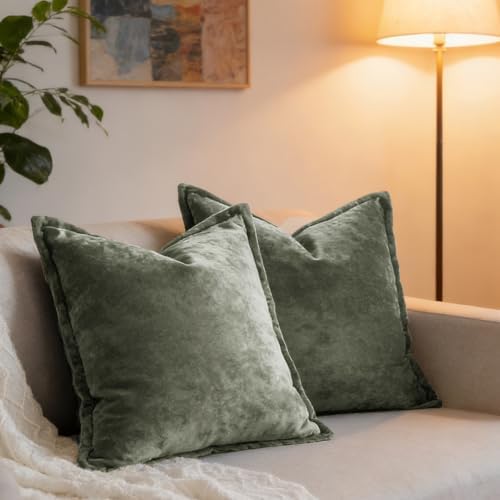 Luxurious Velvet Euro Shams Decorative Throw Pillow Covers 26x26 Set of 2 Solid Square Euro Pillow Shams for Sofa Couch Bedroom, Army Green by COCOPLOCEUS