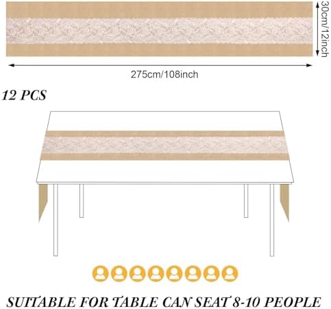Xinnun 12 Pcs Burlap Table Runners with Lights Lace, 12 x 108 in, Flower - Image 2