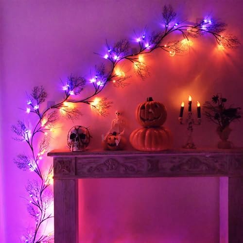 Halloween Decor Lights 8.86FT 72 LED Willow Vine Twig with Timer Battery Operated Garland Lights with Orange Pumpkins Purple Spiders and Black Dead Branches Indoor Halloween Decorations for Home by PALONMY