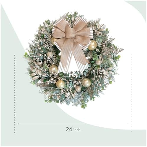 24 Inch Christmas Champagne Leaves Berries Wreath for Front Door, Rustic Farmhouse Xmas Large Door Wreath for Indoor Outdoor, Christmas Gold Balls Wreaths for Home Decor - Image 6