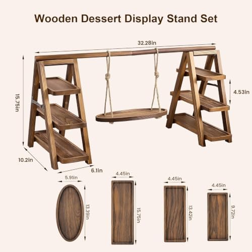 3 Tier Swing Wooden Cupcake Stand, Foldable Removable Serving Platter Tray - Image 3