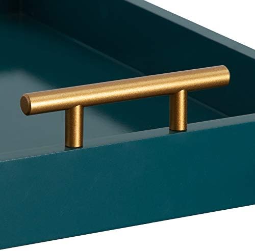 Kate and Laurel Lipton Mid Century Modern Decorative Wood Tray with Brushed Gold Metal Handles, Dark Teal - Image 3